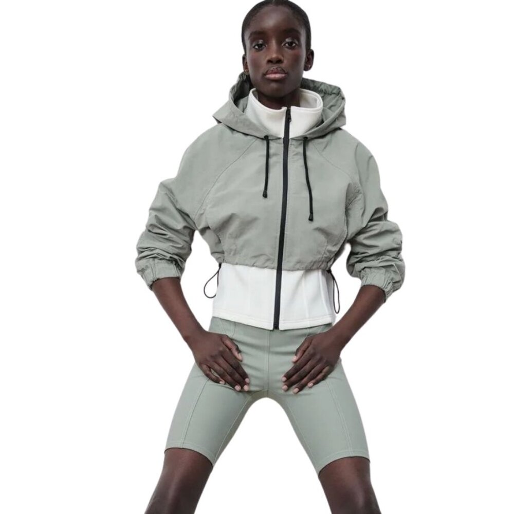 Women's Jacket, Green & White Zip Jacket w/ Hood, Zara Brand Size S